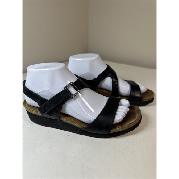 NAOT sandals black leather Pamela wedge size 38 W7 Ladies - Picture 1 of 8